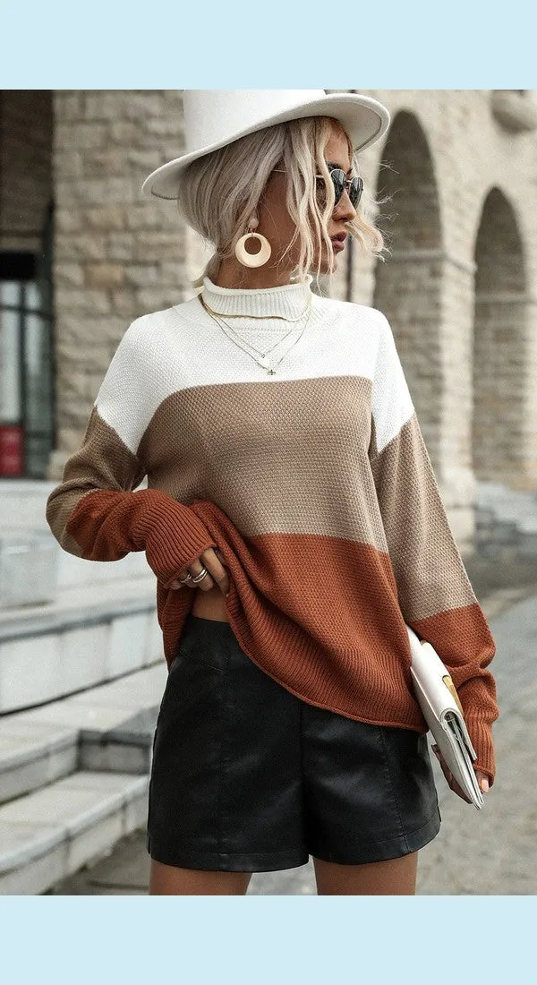 Women Color Block Tricolor Roll Hem Sweater