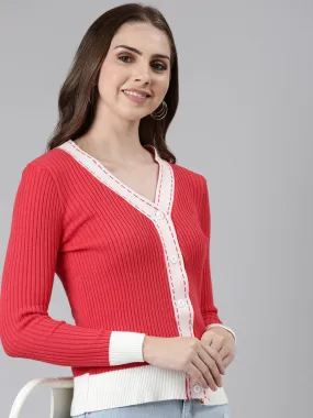 Women Coral Solid Vest Sweater