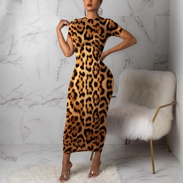 Women Leopard Short Sleeve Maxi Dress Church Party Robe Tunic Vestidos Plus Size Party Night Spring Summer Bodycon Dresses