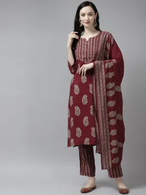 Women Maroon Silk Blend Kurta Set With Dupatta