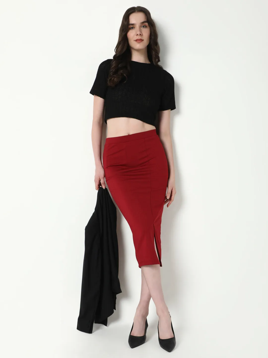 Women Red Solid Pencil Skirt