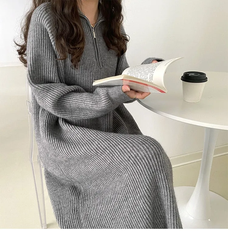 Women Zipper Turtleneck Loose Casual Sweater Dress For Ladies Full Sleeve Female Knitted Midi Dresses 2022 Autumn Winter DS425