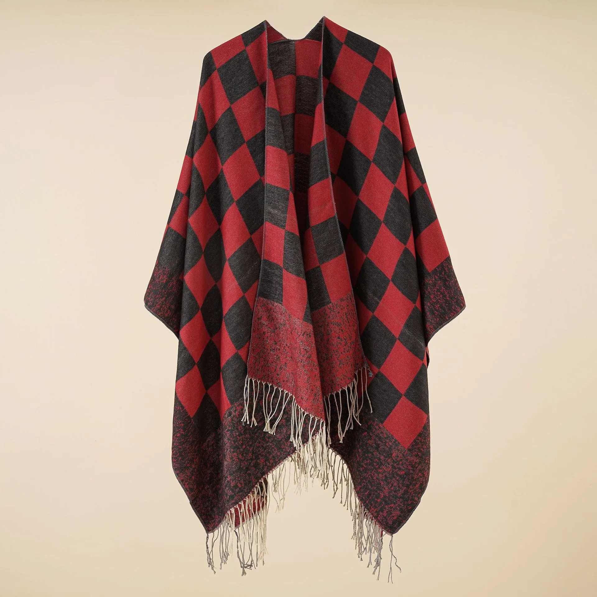 Women's cape, warm in autumn and winter, fashionable plaid tassels, simple