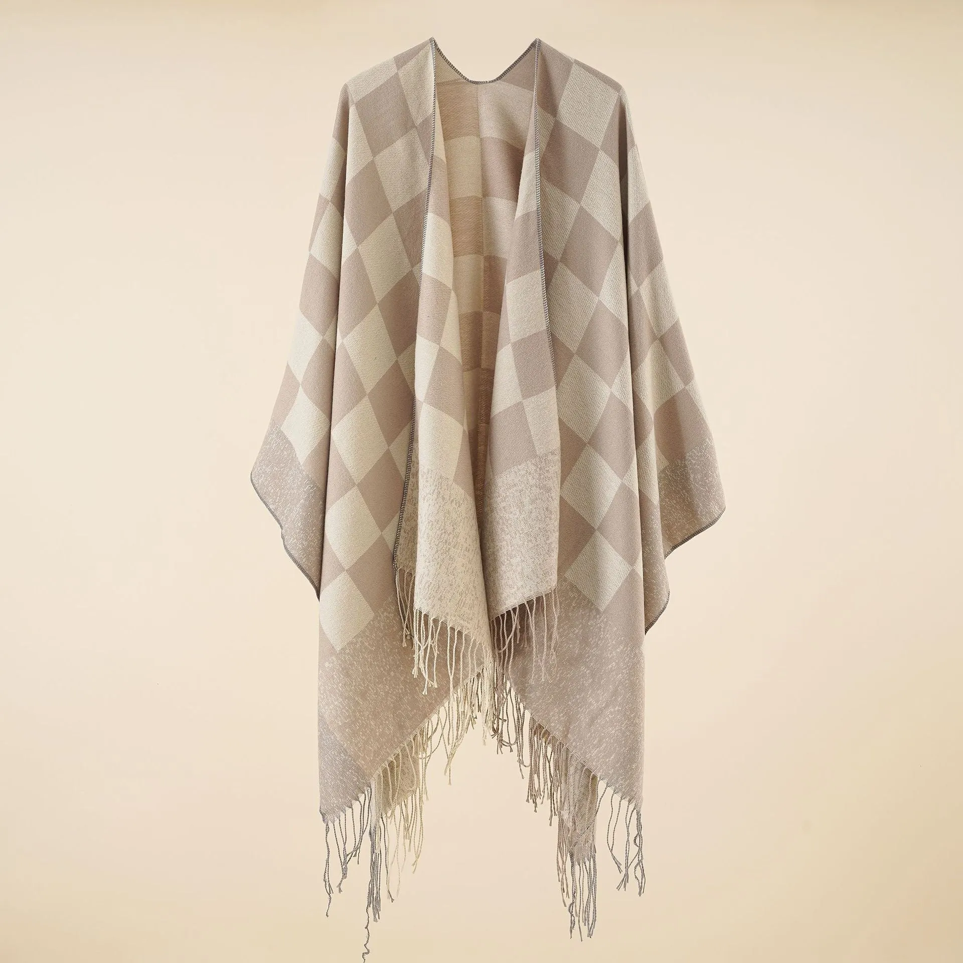 Women's cape, warm in autumn and winter, fashionable plaid tassels, simple