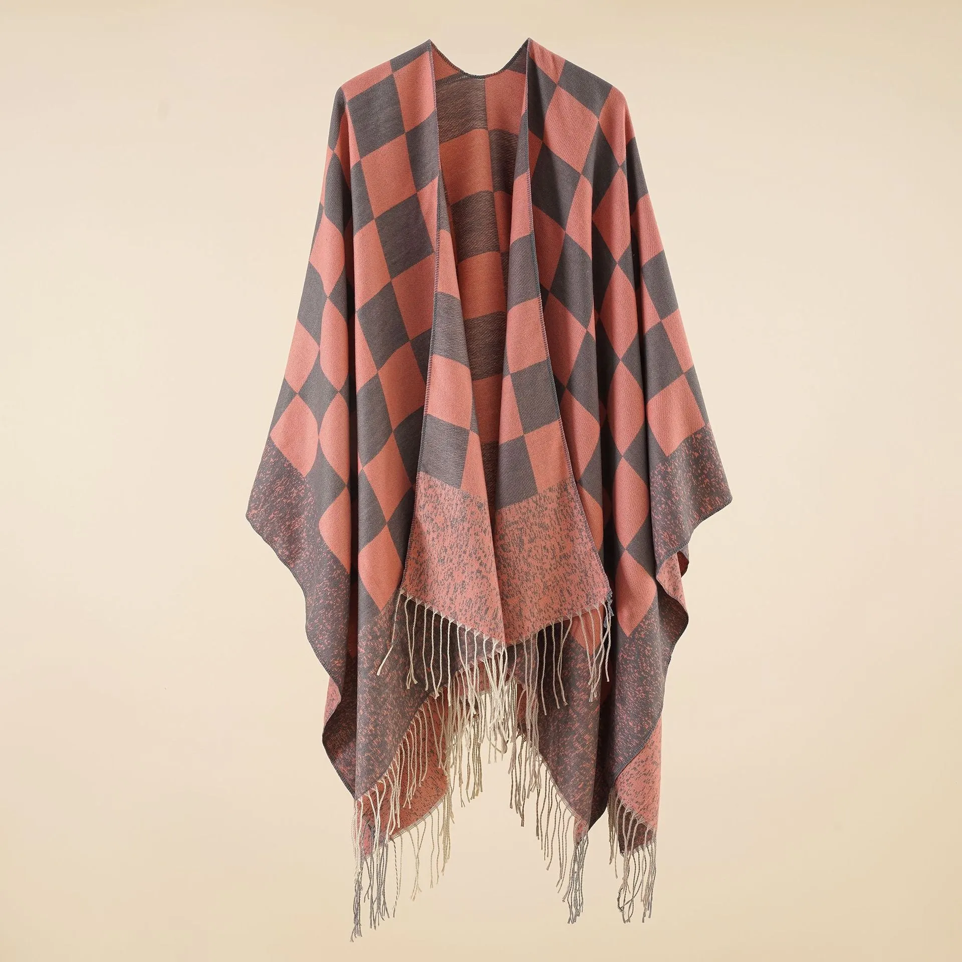 Women's cape, warm in autumn and winter, fashionable plaid tassels, simple