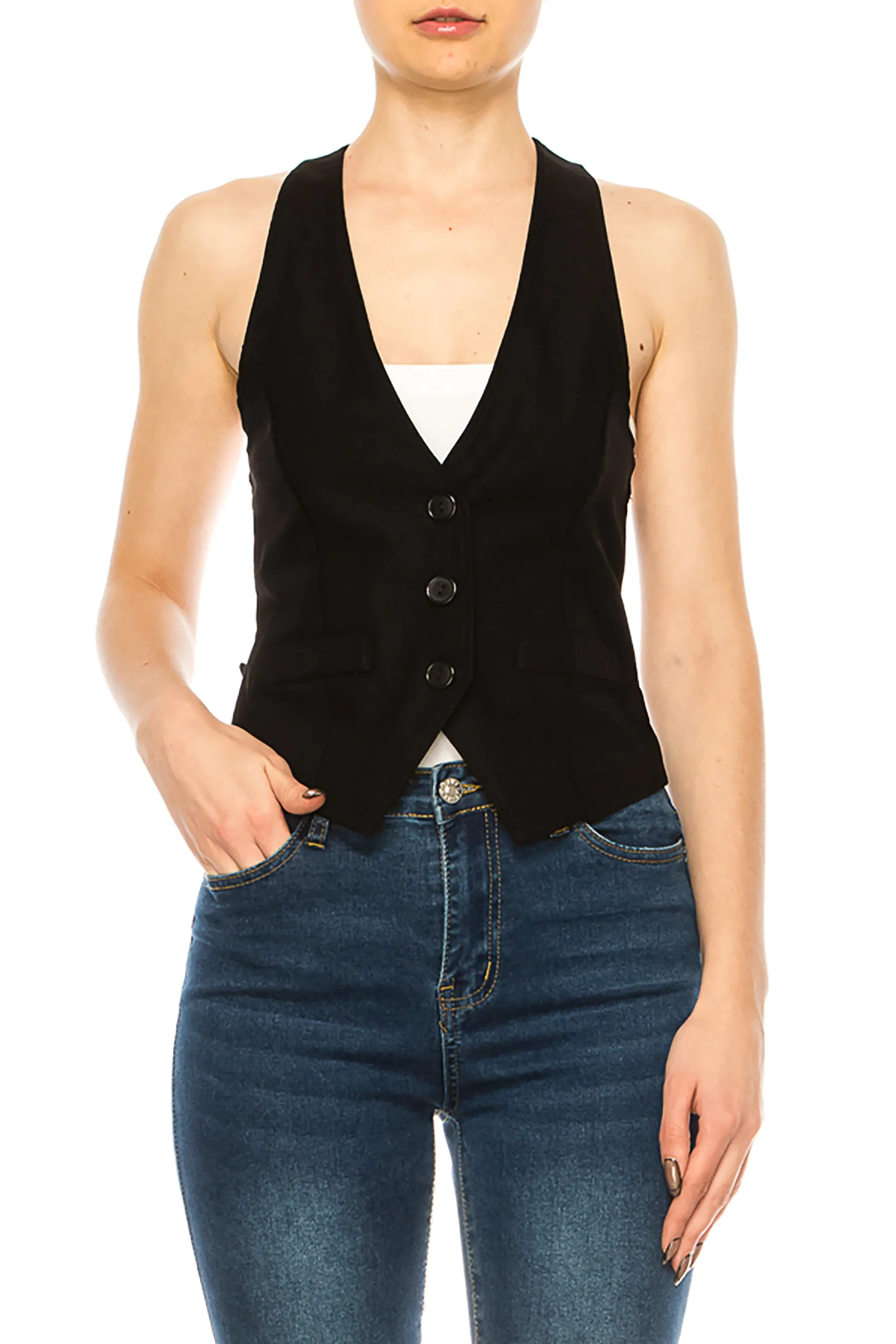 Women's Casual Solid Racerback Vest Button Down Closure