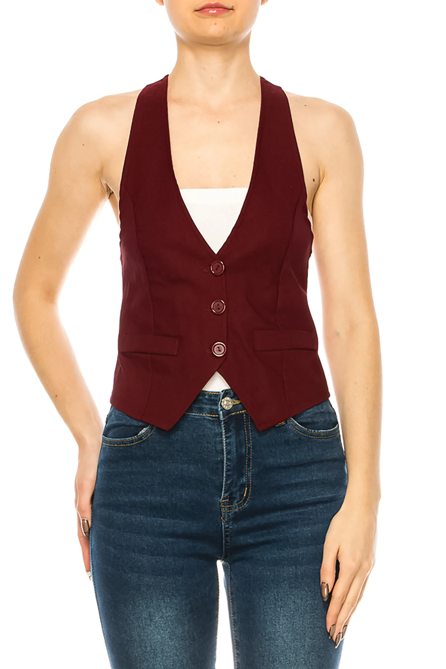 Women's Casual Solid Racerback Vest Button Down Closure