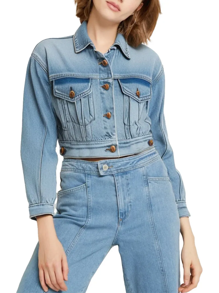 Women's Cropped and Vintage Design Blue Denim Jacket