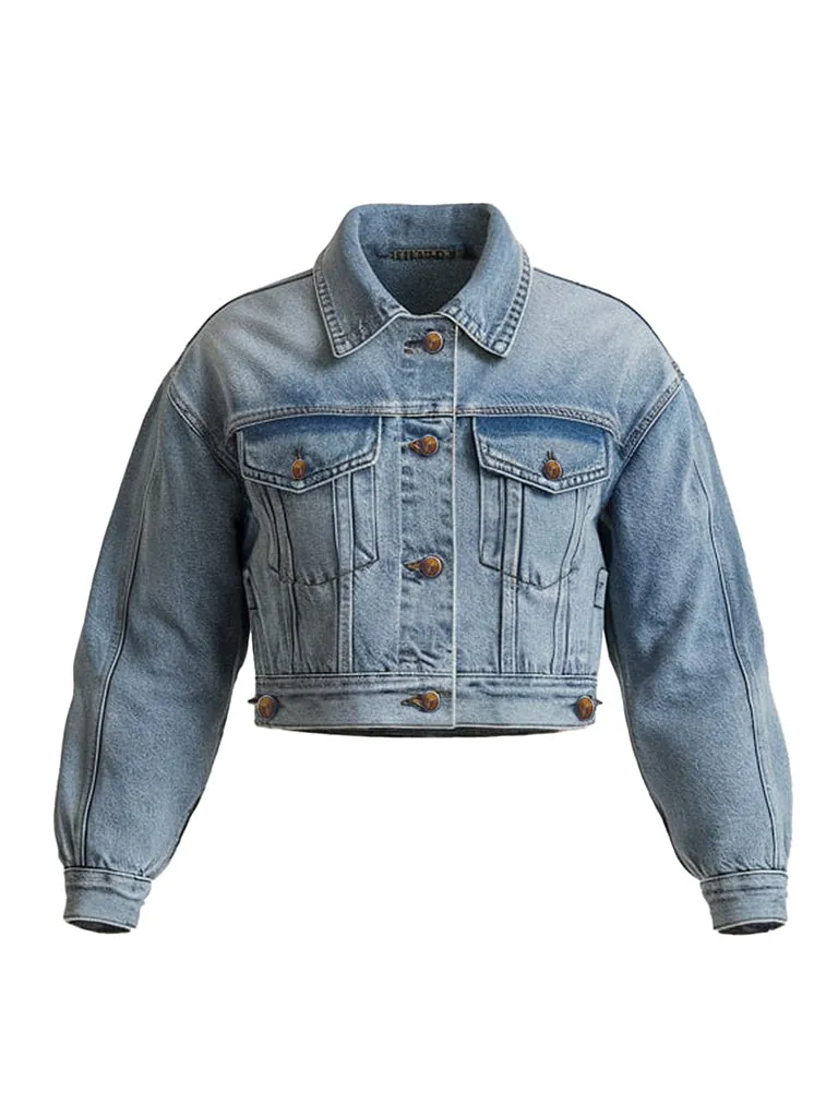 Women's Cropped and Vintage Design Blue Denim Jacket