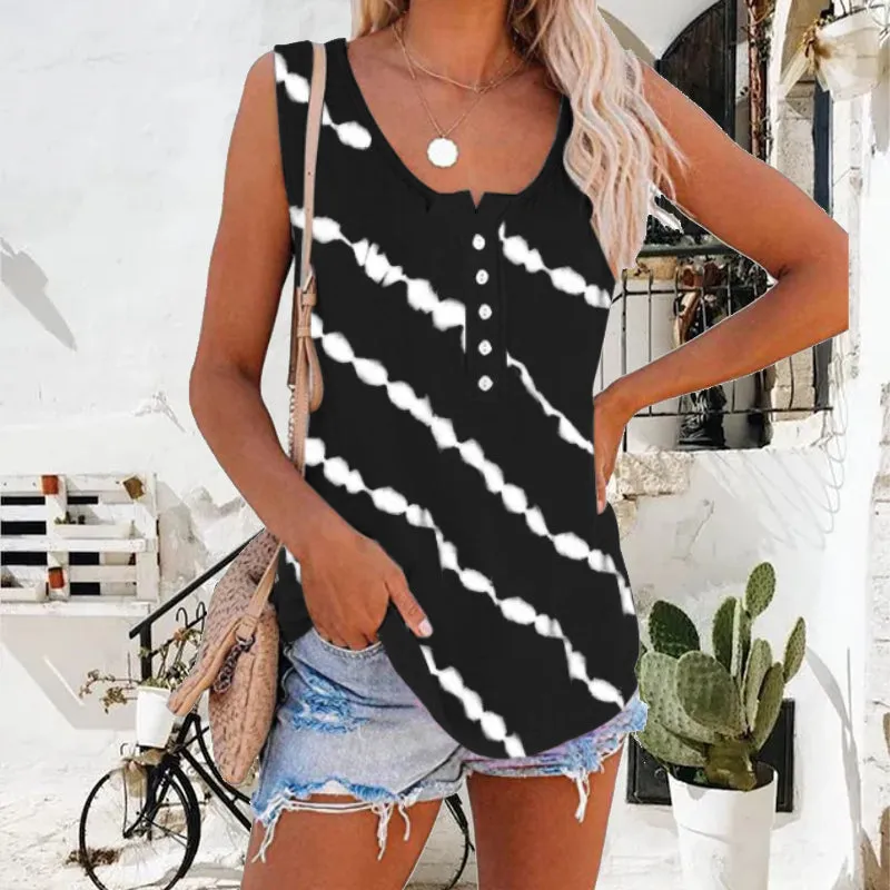 Women's Diagonal Stripe Button Crew Neck Tank Top