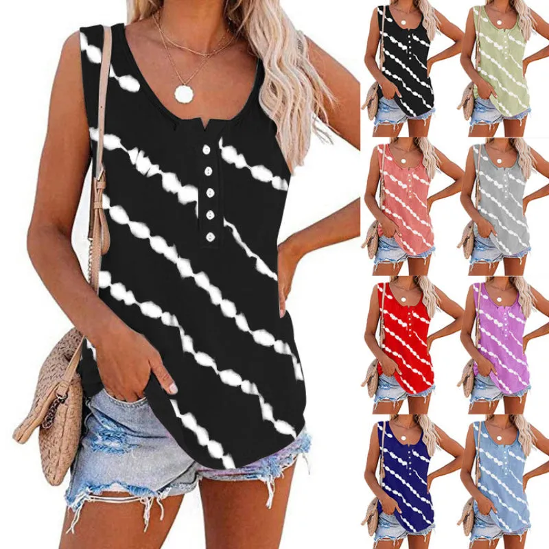 Women's Diagonal Stripe Button Crew Neck Tank Top