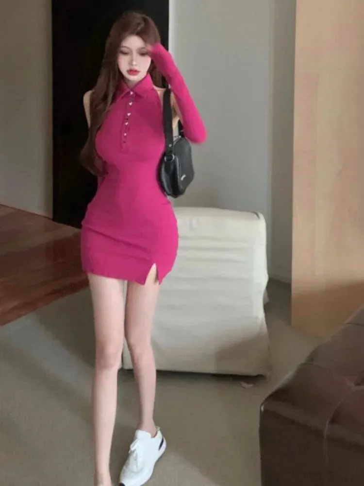 Y2k Sexy Halter Mini Dress Backless Bodycon Korean Fashion Kpop Streetwear Short Dresses with Sleeves Polo Collar