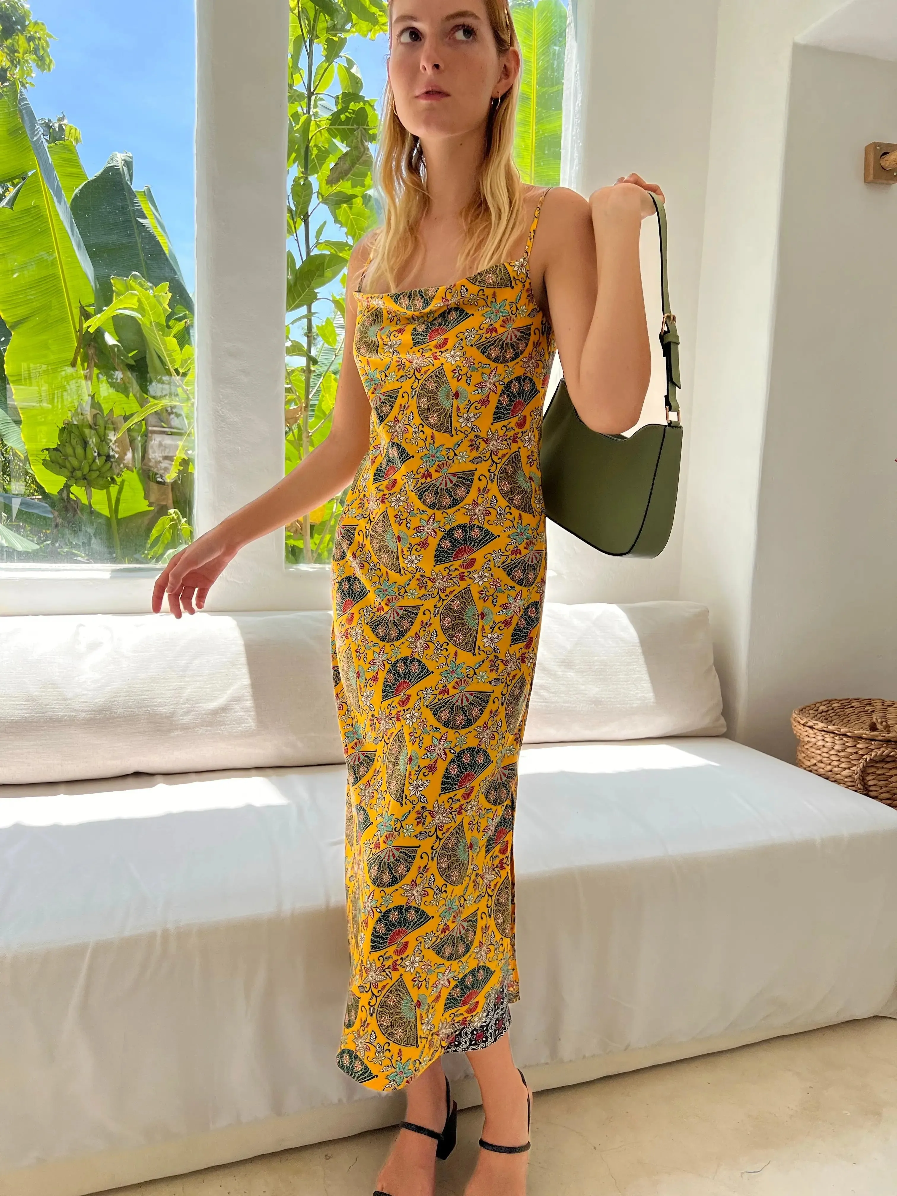 Yellow Cowl Neck Midi Dress